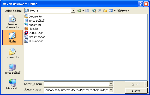 40 Úvod do Microsoft Office 2003 Seznam souborů O úroveň výš Rozevírací seznam složek Zpět Seznam míst Obrázek 4-8: V dialogovém okně Otevřít dokument Office můžeme otevřít libovolný dokument Office