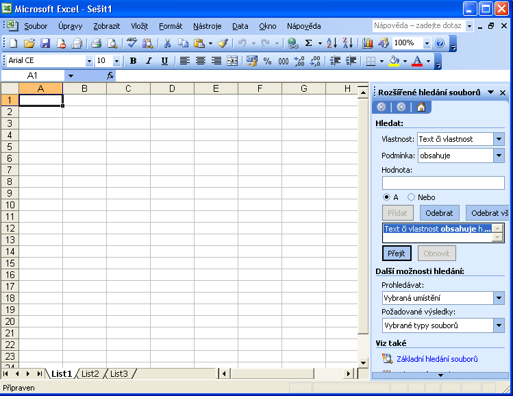 46 Úvod do Microsoft Office 2003 Obrázek 4-11: Podokno úloh Pokročilé hledání souborů v aplikaci Excel souboru s dokumentem, podobně jako v Základním hledání souborů.