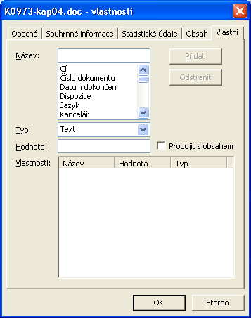 54 Úvod do Microsoft Office 2003 Vlastnosti dokumentu musíme samozřejmě definovat před jeho vlastním uložením, a to příkazem Soubor, Vlastnosti (respektive Vlastnosti databáze v Accessu), kde do