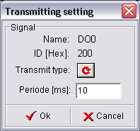 Okno Transmit Frames umožňuje čtyři režimy vysílání zpráv. Režimy se přepínají postupným stiskem vlevo svisle umístěných tlačítek. Každé z tlačítek přísluší pouze jedné zprávě k vysílání.