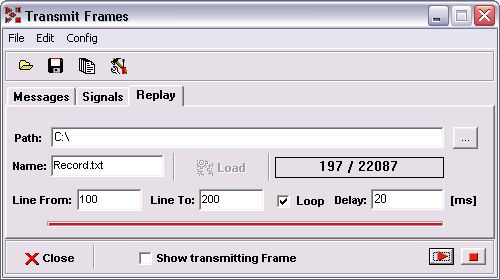 Záložka Replay umožňuje přehrávání záznamu pořízených v záložce Records nebo uložených přijatých dat ze záložky Messages. Záznam je možné přehrávat periodicky zaškrtnutím volby Loop.