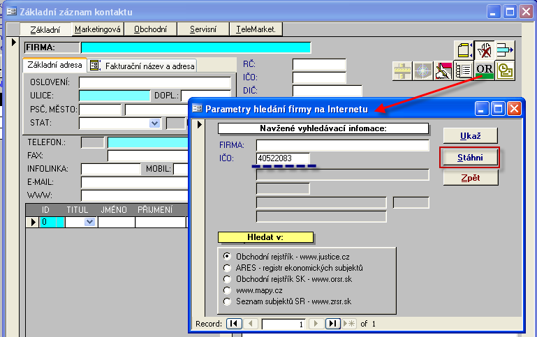 40 Školící dokumentace Soft-4-Sale PODZIM 2010 spusťte funkci nová firma, a aniž by jste vyplnili jakýkoliv údaj použijte funkci hledání on-line v okně parametry hledání zadejte IČO použijte nové