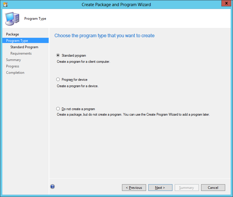 7. V kroku Standard Program (Standardní program): zadejte název programu do pole Name (Název) v poli Command Line (Příkazový řádek) zadejte setup.exe /q zadejte síťovou cestu k souboru setup.