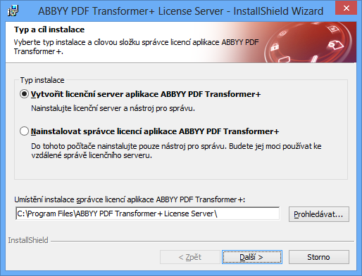 Poznámka: Budou-li licence aplikace ABBYY PDF Transformer+ spravovány více uživateli, musí mít všichni ve svých počítačích nainstalovánu utilitu správce licencí License Manager.