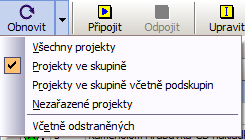 V centrální části okna dominuje tabulka na záložce Výpis projektů. Zde se odehrává centrální správa všech projektů a dat.