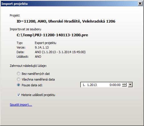 Import projektu Před spuštěním importu nastavte rozsah importovaných dat! Import trvá obvykle několik minut (podle množství dat). Import zahájíte kliknutím na odkaz Spustit import.