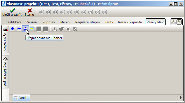 6.8.1 Vytvoření nového panelu MaR Přepněte se na záložku Panely MaR a klepněte na tlačítko Přidat nový MaR panel podrobný manuál Vytvoří se nový prázdný panel pojmenovaný Panel 1 Klikněte na tlačítko