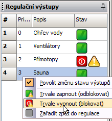 Na výsuvném panelu vpravo je seznam definovaných regulačních stupňů a jejich aktuální provozní stav (PROVOZ / BLOKOVÁNO).