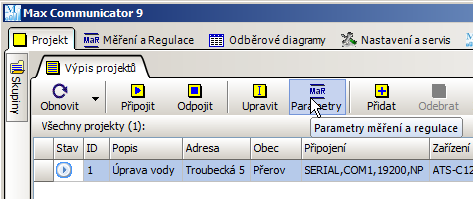 Tyto parametry se ukládají přímo do zařízení pro měření a regulaci, ale také do projektu (viz dále).