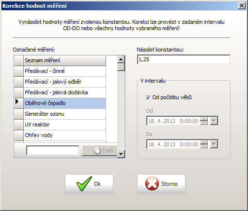 10.6.1 Korekce hodnot měření Může se stát, že uložené hodnoty některého měření vykazují konstantní relativní chybu způsobenou např. chybným zadáním převodu nebo násobitele.