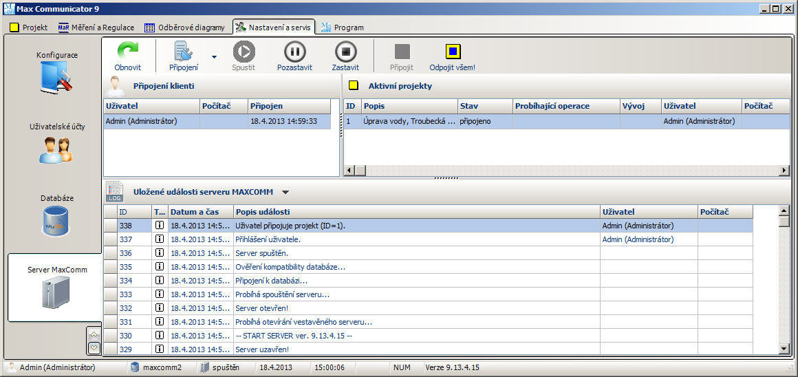 12.3 Server MAXCOMM Jak bylo řečeno v úvodu, hlavním úkolem serveru MAXCOMM je poskytovat všem klientům sdílené připojení k zařízením pro měření a regulaci.