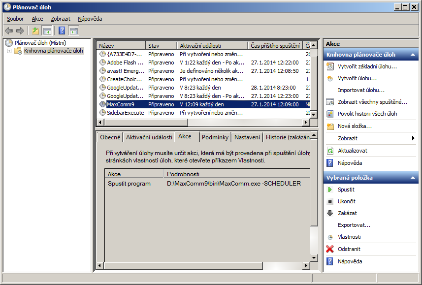 12.6 Využití plánovače Windows pro vykonání úloh serveru MAXCOMM Úlohy serveru se pravidelně automaticky spouštějí v nastavenou dobu. Podmínkou ovšem je, aby server byl v tu dobu v provozu.