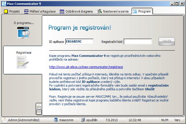 13 Registrace programu Kopie programu Max Communicator 9 se registruje prostřednictvím internetové stránky: http://www.pk-elsys.
