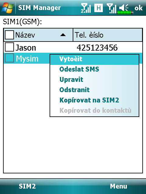 Změna režimu zobrazení Můžete změnit režim zobrazení Správce SIM na Standard (standardní), SIM1 kontakty, SIM2 kontakty a Outlook Contacts (kontakty).