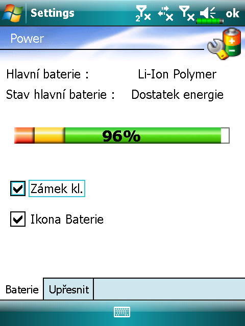 Napájení Zvolte, Nastavení, záložka Systém, a pak Napájení. Můžete nahlédnout na stav Vaší baterie nebo provést nezbytné kroky pro správu nastavení napájení.