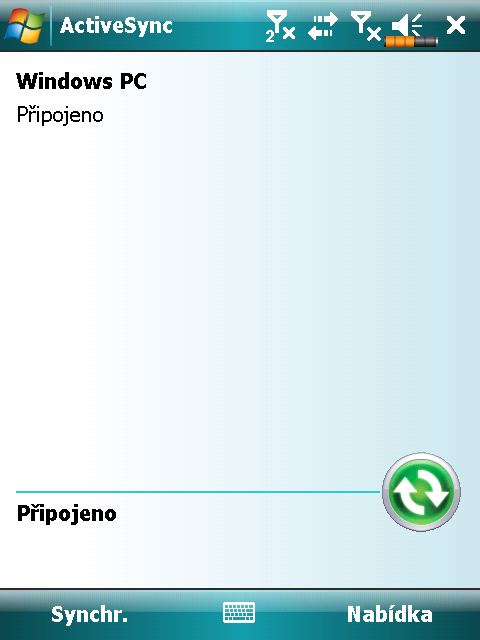 Synchronizační nástroj v PDA Jakmile jste jednou nastavili ActiveSync a dokončili první synchronizaci můžete zahájit synchronizaci z Vašeho PDA.