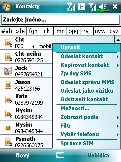 Správa vašich kontaktů Ze seznamu kontaktů klepněte na Nabídka pro výběr z více akcí: Pro editaci zvoleného kontaktu zvolte Edit (upravit) pro upravení kontaktních informací.