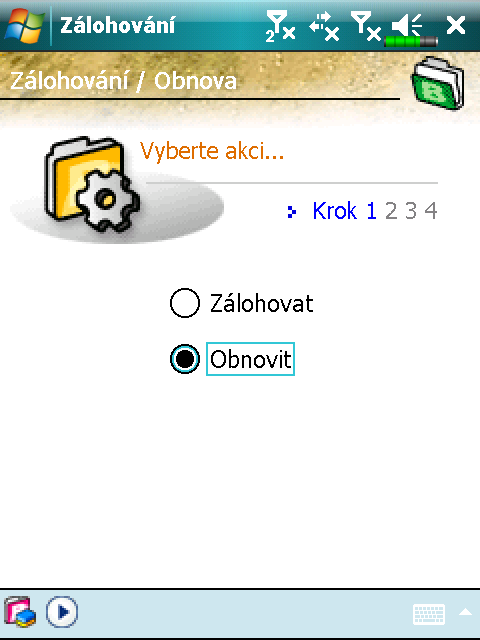 Obnova Upozornění! 1. Při obnově souborů systém vymaže současná data v PDA a nahradí je zálohovanými soubory. 2.