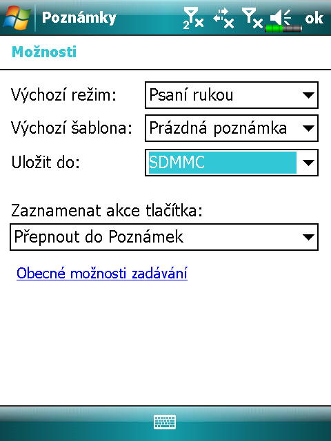 Zvolte Nabídka, a Možnosti., Programy, Poznámky/Word Mobil/Excel Mobil, 1. Jděte Poznámky obrazovky seznamu souborů. 2. Zvolte Nabídka a Možnosti. 3.