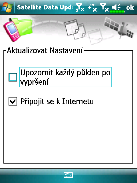 Zvolte Stáhnout pro aktualizaci dat GPS manuálně. Ťukněte na obrázek vlevo, který demonstruje stažení pomocí synschronizace připojení.