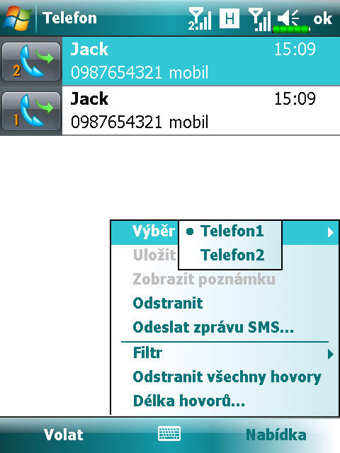 Uskutečnění hovoru ze seznamu hovorů Z obrazovky telefonu klikněte na Sez. Hovorů. 1. Pro třídění všech položek podle různých metod klepněte na Nabídka a poté Filtr pro zobrazení kategorií. 2.