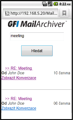 Rozhraní uživatele mobilu používá stejná nastavení jazyka jako ta, která uživatel nakonfiguroval v programu GFI MailArchiver. Další informace najdete zde Změna předvoleb uživatele (str. 43). 3.