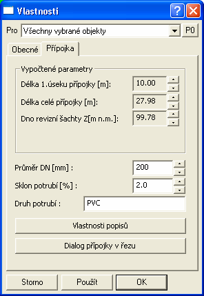 Aby výpočet fungoval korektně, je nutné zadat skutečné parametry potrubí, tj. DN a sklon. Pro připravované výstupy je nutné zadat i druh použitého potrubí nebo jiný podrobný popis.