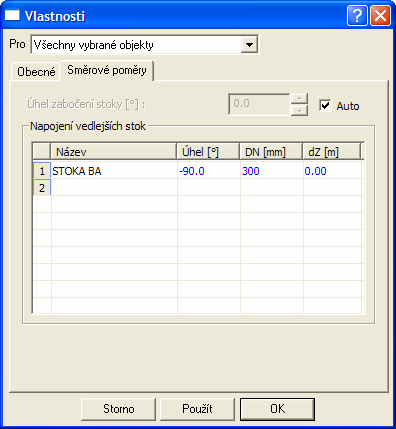 V dialogu lze zafajfkovat volbu Auto, která zabezpečí automatický výpočet půdorysného úhlu zabočení stoky ze souřadnic Y,X.