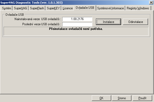 Instalace a konfigurace 3.2.3.6 23 Karta Ovladače USB Údaje na této kartě slouží ke kontrole verze ovladačů USB, příp. k jejich přeinstalování.