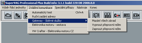 COMFORT VW - Starší verze 6.3.2 8 Gateway - sběrné služby Služby Gateway jsou dostupné pouze na vozech s přímým spojením CAN-BUS mezi řídicí jednotkou diagnostického rozhraní dat.