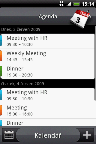 jednání a Měsíc Program jednání Klepnutím otevřete podrobnosti události. Barevné pruhy označují, v kterém kalendáři byla událost vytvořena. Klepnutím přepnete na zobrazení Měsíc.