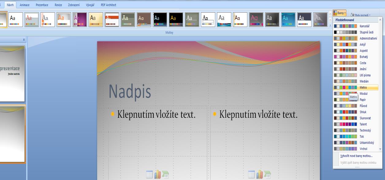 Pokročilé použití MS PowerPoint při tvorbě elektronických výukových materiálů 14 Je také možné rozložení snímku zvolit přímo při jeho vytváření pomocí nástroje Nový snímek ze stejné skupiny nástrojů.