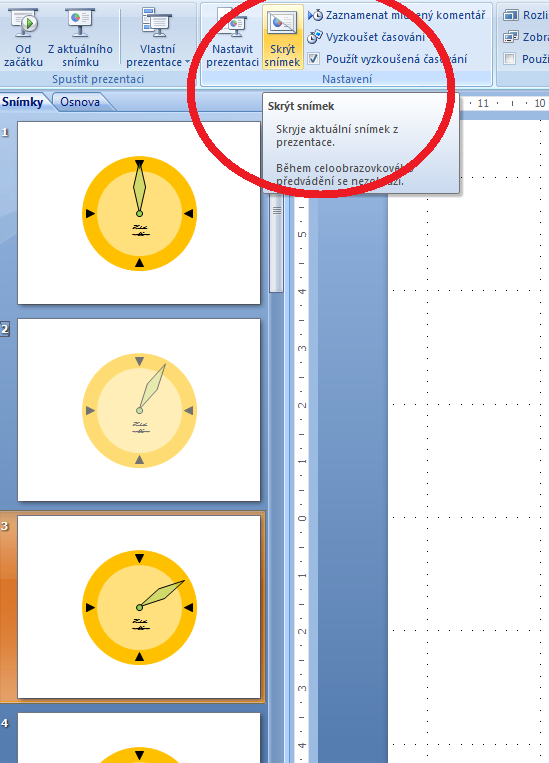 Pokročilé použití MS PowerPoint při tvorbě elektronických výukových materiálů 45 Poslední nástroj, který si zde představíme a který by se vám mohl hodit je nástroj Skrýt snímek.