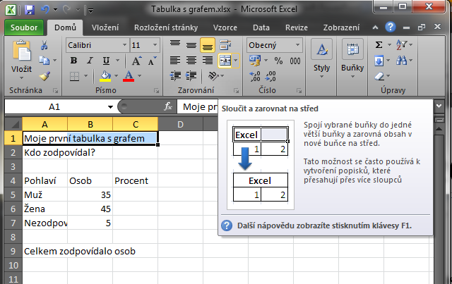 Microsoft Excel 2010 Formátování tabulky Sloučení buněk Úprava textu velikost Ohraničení Roztáhneme sloupec A Myší mezi A a B a roztáhneme pro