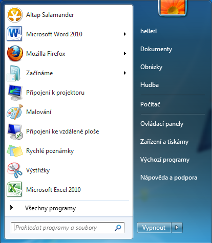 Operační systém Windows 7 Hlavní panel Všechny programy Počítač Záložky Vyhledávání Ovládací