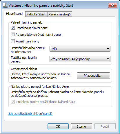 Operační systém Windows 7 Vlastnosti hlavního panelu Uzamknout panel Automaticky skrývat Malé