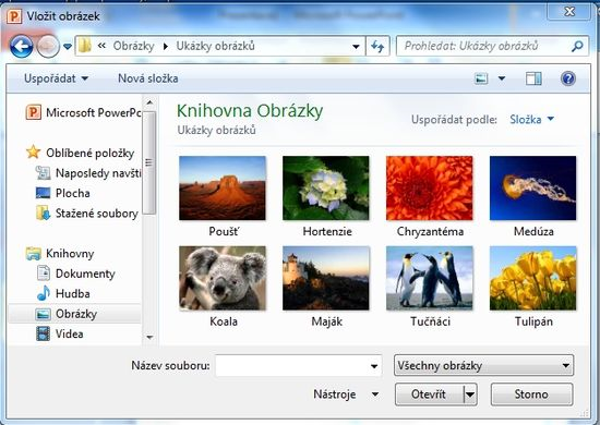 Microsoft PowerPoint 2010 Vložení obrázku Zobrazí se okno Vložit obrázek. Výběr vhodného obrázku provedete z vašeho disku.