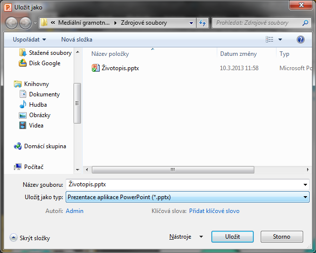Microsoft PowerPoint Ukládání prezentace Uložení pro ukládání Formát.