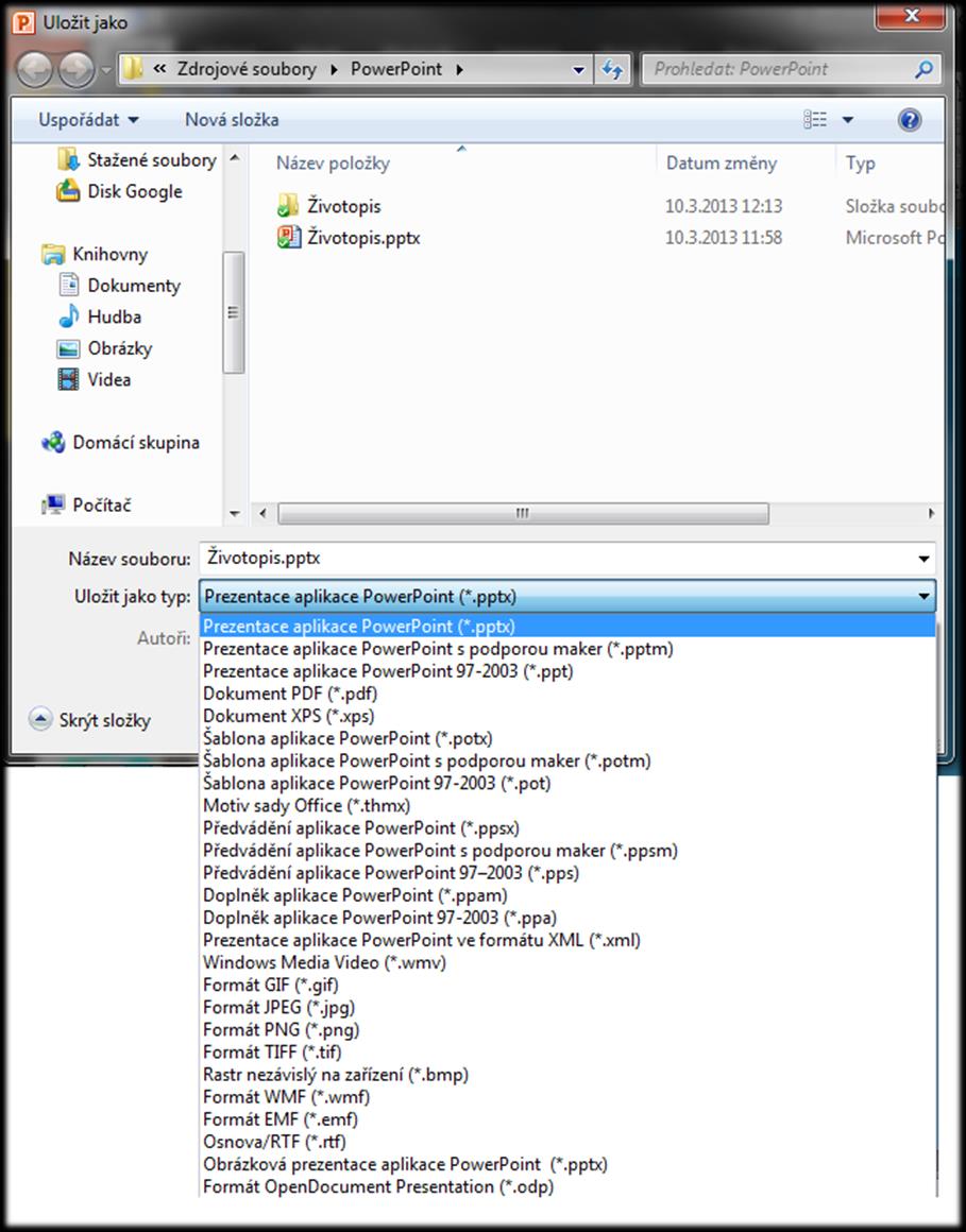 Microsoft PowerPoint Export do různých formátů Soubor Uložit Jako Lze ukládat prezentaci či snímky Formáty: PDF Obrazové formáty (.jpg,.
