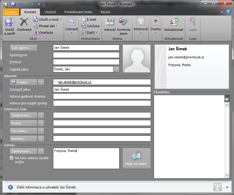Microsoft Outlook 2010 Kontakt Zobrazení, vložení, úprava konkrétního kontaktu Na této obrazovce vidíte další údaje, které se v