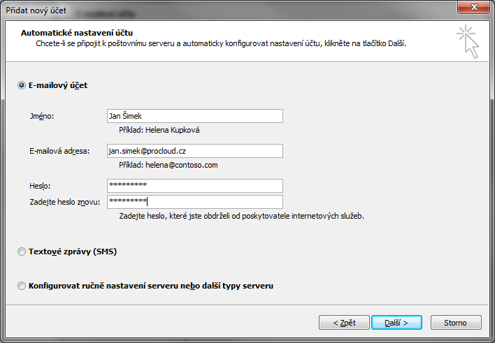 Microsoft Outlook 2010 Nastavení poštovního účtu Ve firmě je nastavena doména Stačí zadat emailovou adresu a heslo Zbytek se