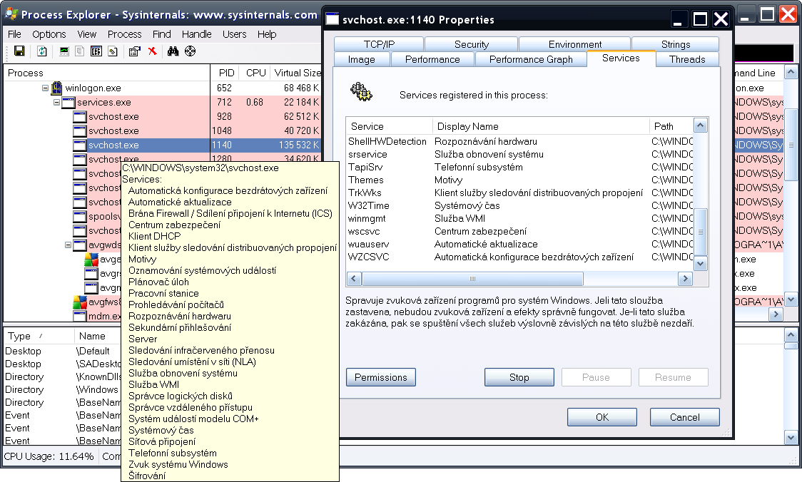 4.1 SPRÁVA SLUŽEB 102 Obrázek 4.2: Zobrazení služeb v procesu Služby mohou běžet v některém systémovém procesu, například některé služby najdeme v procesu SCM (services.exe) 