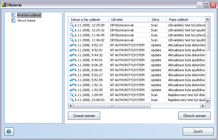 13. Protokol událostí Historie událostí je dostupná volbou položky systémového menu Historie/Protokol událostí.
