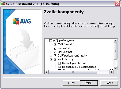 5.7. Uživatelská instalace - Zvolte komponenty V dialogu Zvolte komponenty je zobrazen přehled komponent AVG, které můžete nainstalovat.