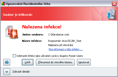 9.8.3. Nálezy Rezidentního štítu Rezidentní štít kontroluje soubory při při jejich otevírání, ukládání a kopírování.