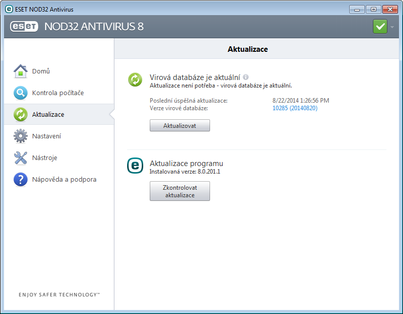 Aktualizace ESET NOD32 Antivirus po instalaci automaticky stahuje aktualizace virové databáze a programových komponent (seznam všech úloh naleznete v nápovědě v kapitole Plánovač).
