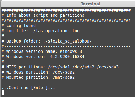 Po výběru uživatelského profilu se o samotnou práci zálohy stará nástroj rsync 19. Do terminálového okna je zobrazen postup při kopírování souborů, který je taktéž uložen do logovacího souboru.