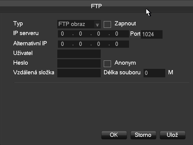 [FTP] Povolení funkce umožní ukládání obrázků nebo videozáznamů na FTP server. Pro funkci je potřebné nastavení IP adresy serveru FTP, přihlašovací jméno a heslo.