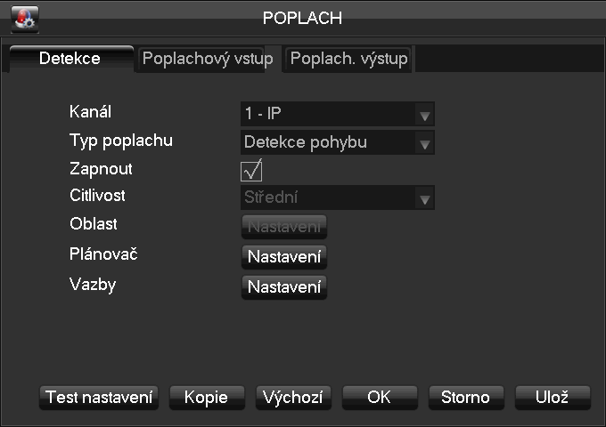 4.8. Poplach Detekce Zadávání typ poplachu, plánovač a vazby (vše ostatní je potřeba nastavit přímo v kameře).