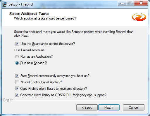 Výběr instalovaných doplňků Firebird (Select Additional Tasks) V posledním kroku instalace databázové podpory Firebird si můžete zvolit, zda spustit Firebird server jako službu nebo aplikaci, nebo